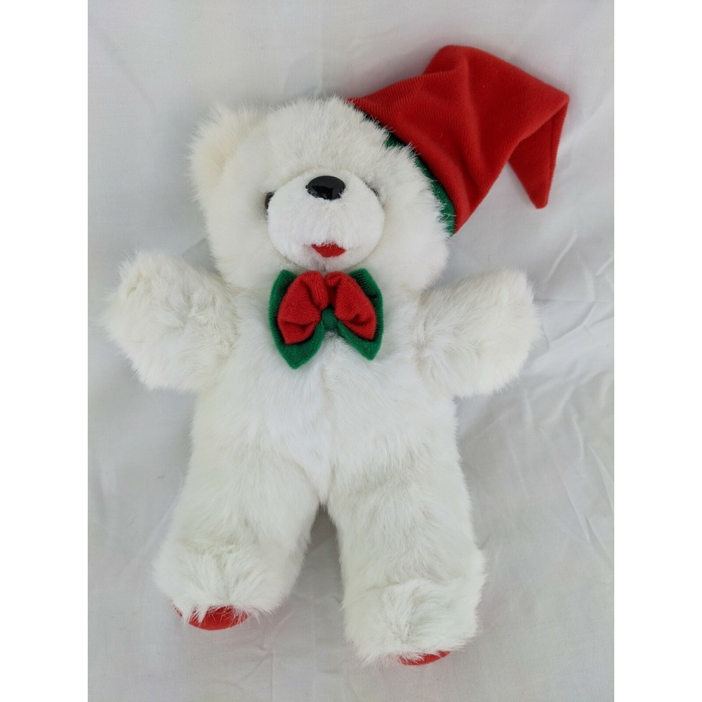Sasco White Bear Plush 10 Inch Christmas Hat Tie Stuffed Animal Toy